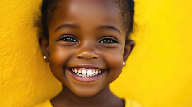 A joyful African-American girl? bright smile radiates warmth and happiness.