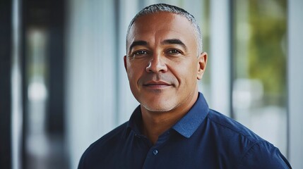 Modern businessman exudes confidence and professionalism in a deep blue shirt.
