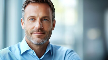 Modern businessman exudes confidence and professionalism in a deep blue shirt.