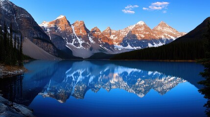 Obraz premium A serene mountain landscape with a clear blue lake reflecting majestic peaks and a bright sky dotted with clouds.