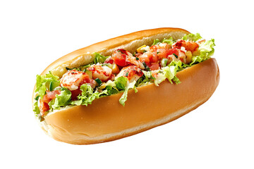 Sandwiches with salami, ham, cheese, and tomatoes on parchment paper on white background
