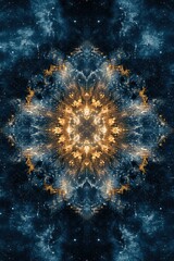 Fototapeta premium Abstract Cosmic Mandala Golden Light Explosion in a Dark Blue Universe Background.
