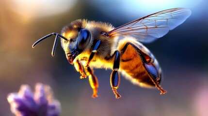 Honeybee in Flight  Closeup Macro Photography  Golden Hour  Nature Insect