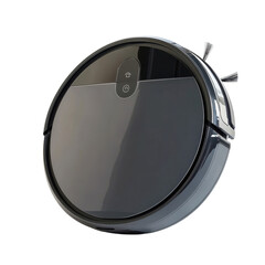 A Futuristic Black and Silver Robot Vacuum Cleaner Isolated on Transparent Background