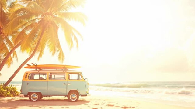 Classic blue retro van parked on tropical beach at sunset. Palm trees and ocean waves. Summer vacation road trip concept. Travel lifestyle background with copy space