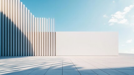 Minimalist Architecture White Concrete Wall, Pillars, and Tile Floor Against a Clear Blue Sky
