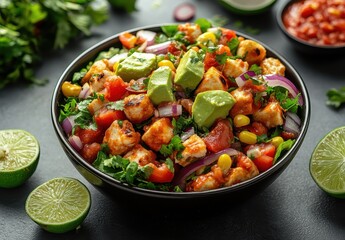 Fresh and Colorful Chicken Salad with Avocado, Tomato, Corn, and Lime Garnish in a Black Bowl on a Dark Background