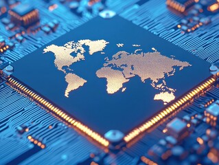 A close-up of a microchip featuring a world map design, symbolizing the intersection of technology and global connectivity.