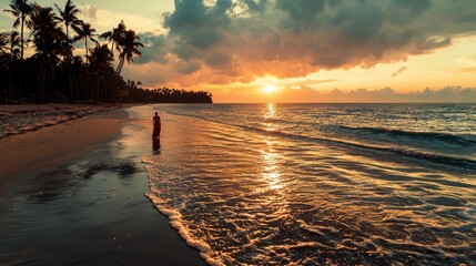 Naklejka premium Serene Sunset Beach Woman Walking Ocean Palm Trees Tranquility