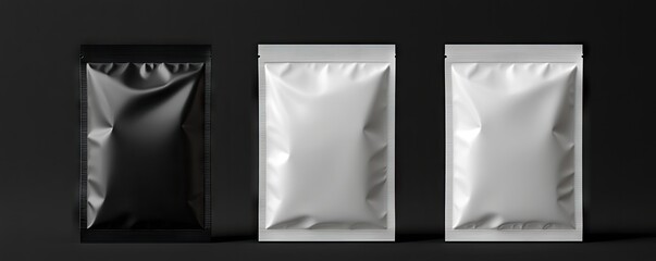 Three pouches, black, white, and silver, on a dark background; packaging mockup