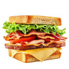Sandwiches with salami, ham, cheese, and tomatoes on parchment paper on white background