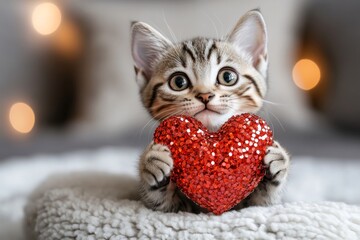 Cute egyptian mau baby cat with sparkling rhinestones red heart at cozy homestead. Egyptian mau - my treasured cat, symbol of care. Ad campaign companion creative. Kitten charm. Cat with heart.