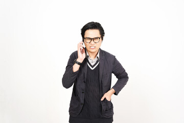 Mad Angry while on phone Of Handsome Asian Man Isolated On White Background