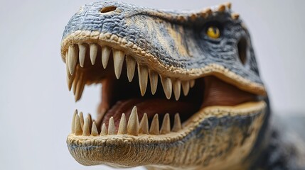 Obraz premium Close-up of a T-Rex figurine's jaw and teeth, showcasing prehistoric predator's fierce anatomy.