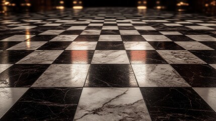 Elegant Black and White Marble Checkerboard Floor Tiles with Blurred Background