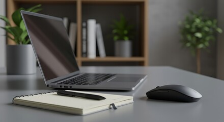 Fototapeta premium Laptop and Office Workspace with Mouse, Notebook and Pen