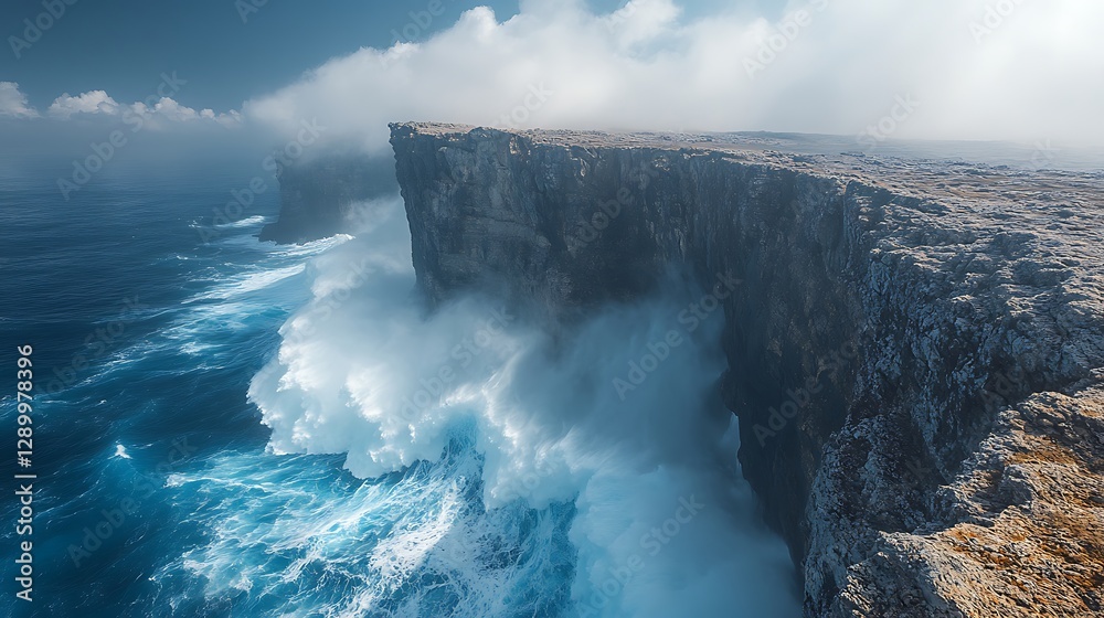 Poster majestic cliffs meet crashing waves under a misty sky, creating a dramatic coastal scene.