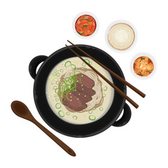 Vector Illustration Logo Clipart Top View Seolleongtang  Traditional Korean Beef Bone Soup With Rice and Side Dish