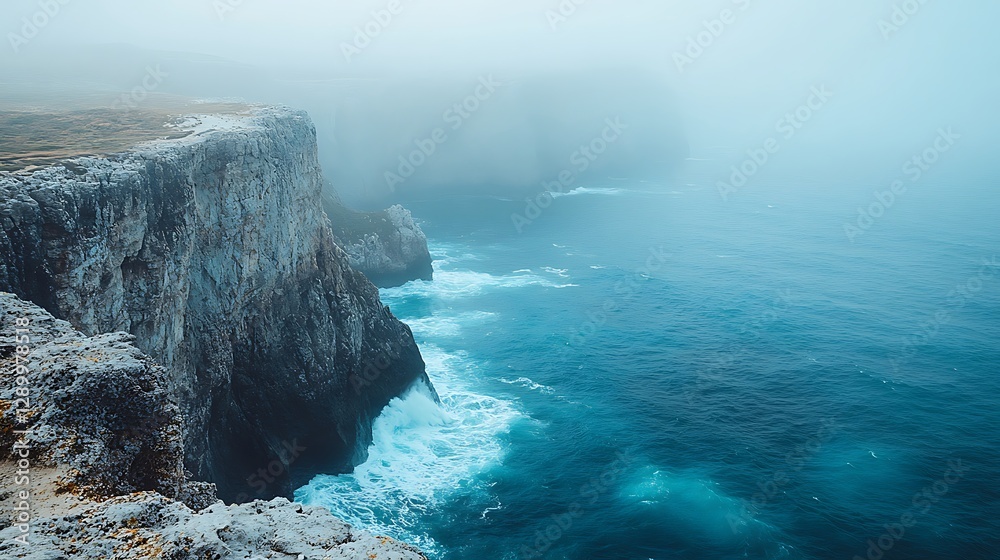 Poster misty ocean cliffs with waves crashing against rocky shores in a serene atmosphere.