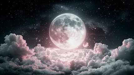 Fototapeta premium Full Moon Night Sky Dreamy Cloudscape Celestial Background Starry Night Pink Hues