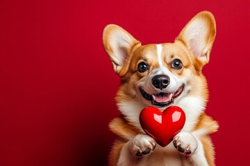 Cute pembroke welsh corgi canine with diamond red heart - emblem of love, funny greeting card. Promotion visual idea creative pattern. Pembroke welsh corgi - my treasured dog. Love-themed pets.