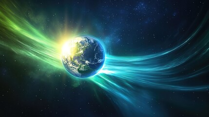Obraz premium Earth's magnetic field shifts dramatically, aurora glows in the background, revealing scientific discovery.