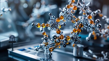 Intricate Molecular Structure with Orange and Silver Elements on Laboratory Table