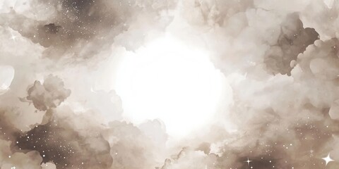 Ethereal Watercolor Cloudscape Background with Stars and Soft Sepia Tones.