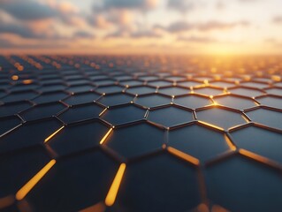 Naklejka premium Warm sunset light illuminates dark hexagonal grid pattern. AI Generated