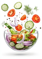 Fresh and Colorful Vegetable Salad with Cucumbers, Tomatoes, Red Onions, and Herbs Floating Above a Glass Bowl on a White Background