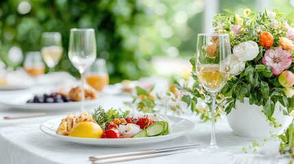 Elegant outdoor lunch fresh salad, wine glasses, flowers