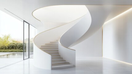 Obraz premium Minimalist Modern Interior with White Spiral Staircase, Golden Accents, and Natural Light.