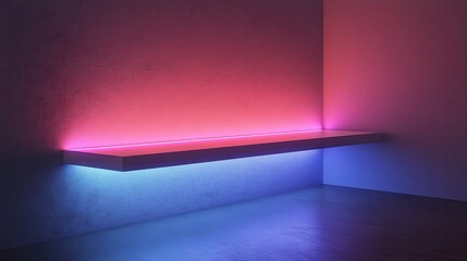 Obraz premium Pink blue neon lights illuminate sleek modern shelf. AI Generated