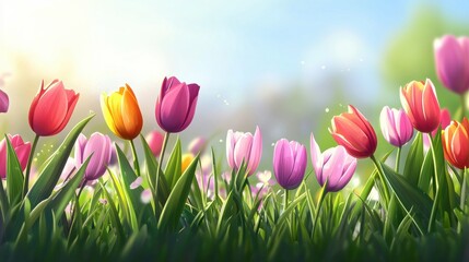 Colorful tulip garden in spring sunlight