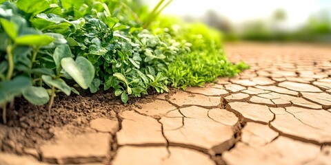 Close up of a Cracked Dry Desert Ground Transitioning to Lush Green Vegetation
