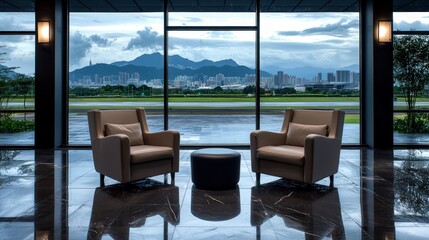 Stunning Hong Kong Skyline View from Modern Office Lounge
