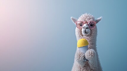 Cute Alpaca with Sunglasses Holding Microphone  Pastel Background