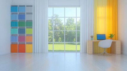 Bright Colorful Home Office Workspace with Inspiring View and Natural Light for Online Presentations in Virtual Meetings