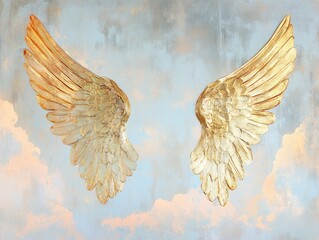 Golden Angel Wings on a Sky Background, Decorative Wall Art Sculpture