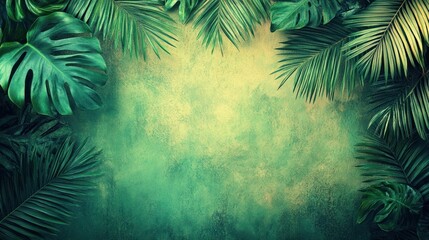 Lush tropical leaves frame on green textured background.