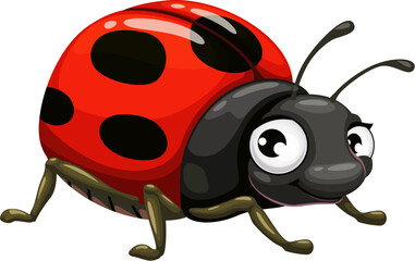 Cartoon funny ladybug insect character. Isolated vector cute and vibrant ladybird bug personage with a cheerful expression, shiny red shell featuring black spots, expressive eyes, and playful antennae © Vector Tradition