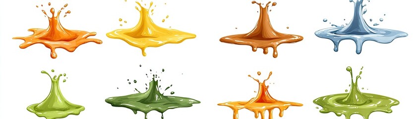 Colorful liquid splashes, isolated, white background,  food/drink advertising