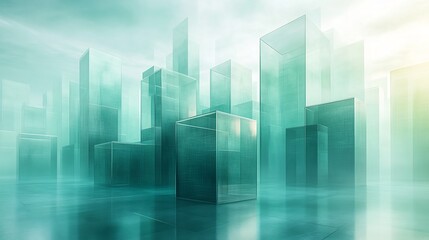 Ethereal Glass Cityscape Soft Light Reflecting Teal Hues. AI Generated