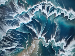 Powerful, swirling waves crash against each other, showcasing a dynamic blend of blues and whites. The ocean's energy and movement are vividly captured in chaotic yet mesmerizing patterns.