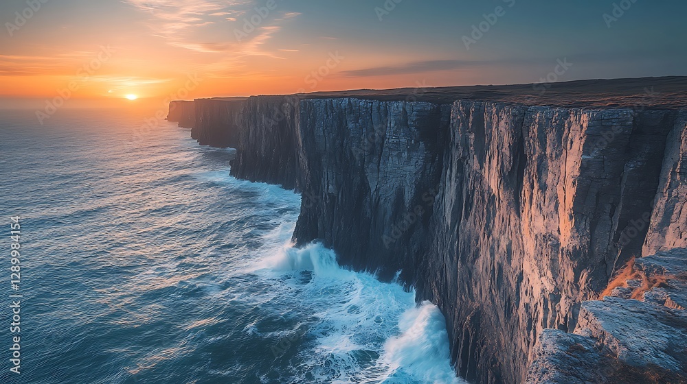 Poster Sunset over rugged cliffs and crashing waves, creating a serene coastal landscape.