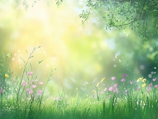 Obraz premium Serene Spring Meadow Lush Green Grass, Wildflowers, and Dreamy Bokeh Background