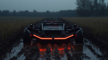 Fototapeta premium Futuristic off-road vehicle driving through muddy field at dusk.