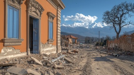 Earthquake Aftermath  Devastated Mountain Village  Rubble  Ruins