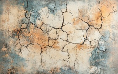 Heavily Cracked and Textured Beige Wall with Faded Blue and Brown Patches - Abstract Background