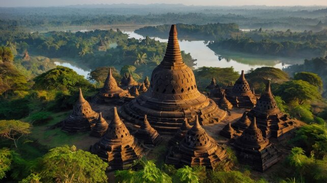 Ancient Temples and Pagodas of Mrauk U in Rakhine State Myanmar With Lush Green Landscape and Early Morning Light